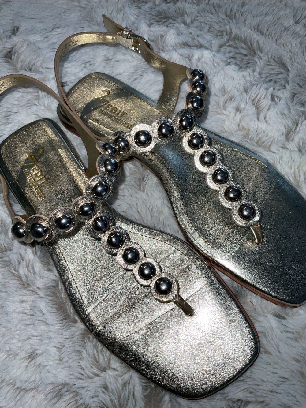 27Edit Naturalizer Metallic T-Strap Sandals in Gold with Silver Accents - Picture 2 of 5